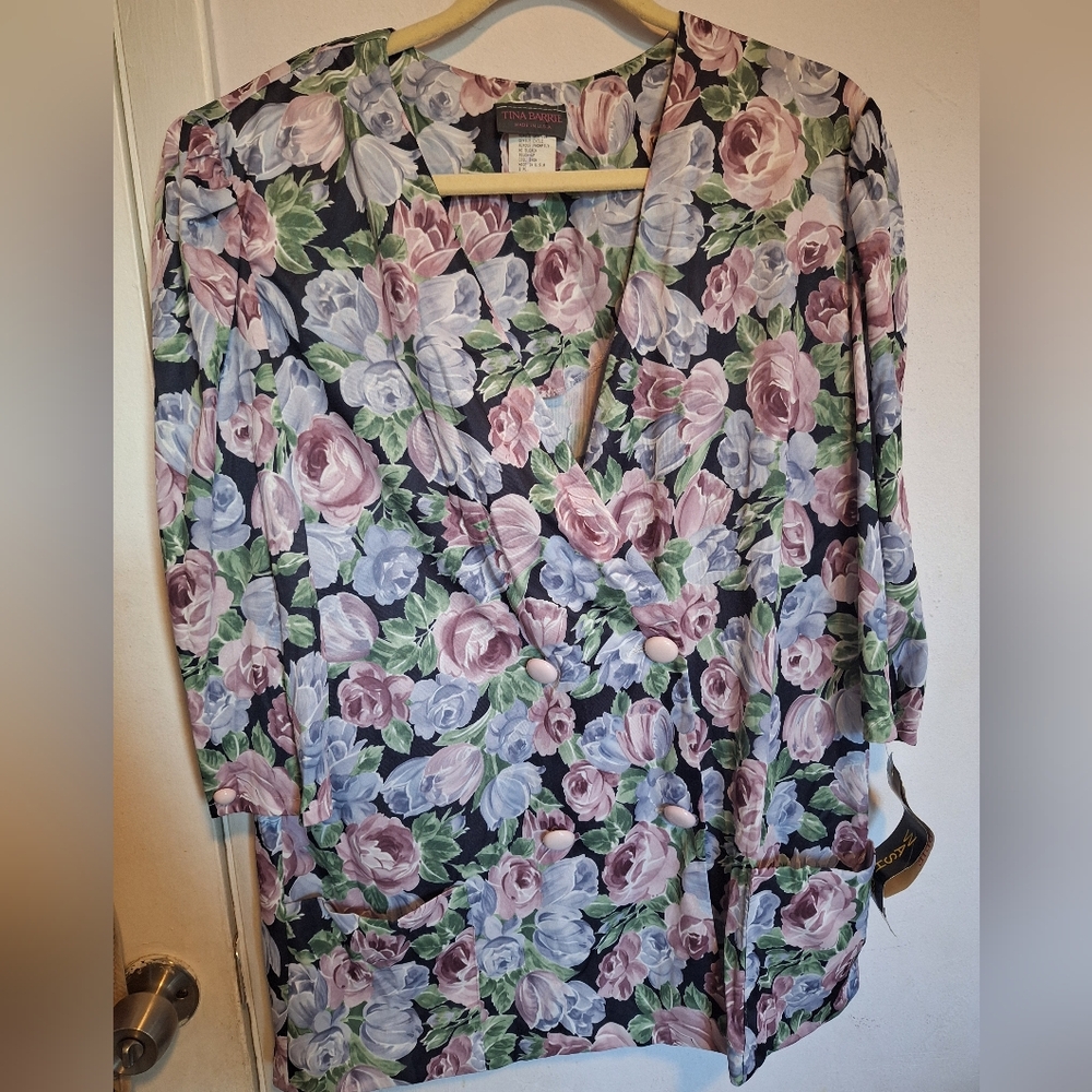 Tina Barrie US 18 80s Vintage Floral Wrap-Style Top Black Pink & Lavender Roses